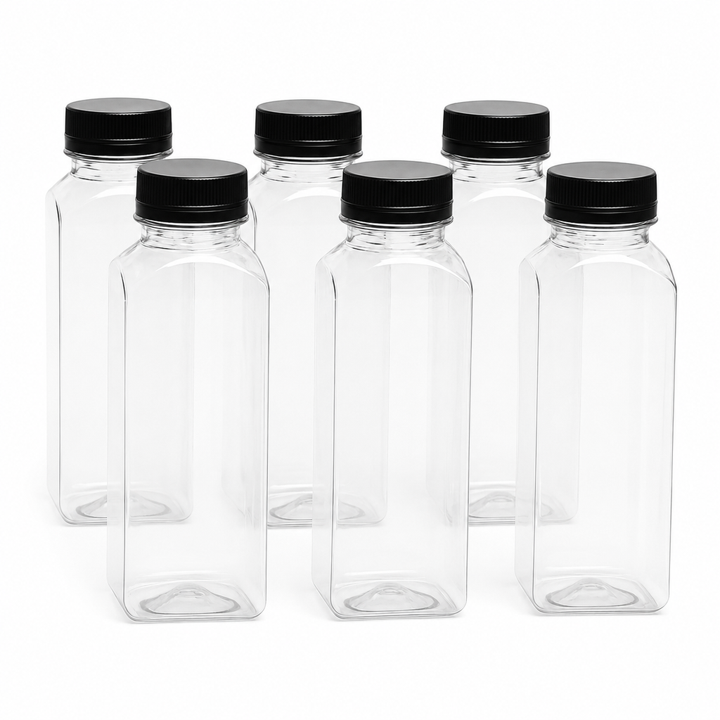 12 oz Clear PET Juice Bottles with Leakproof Attached Lids 6 pack