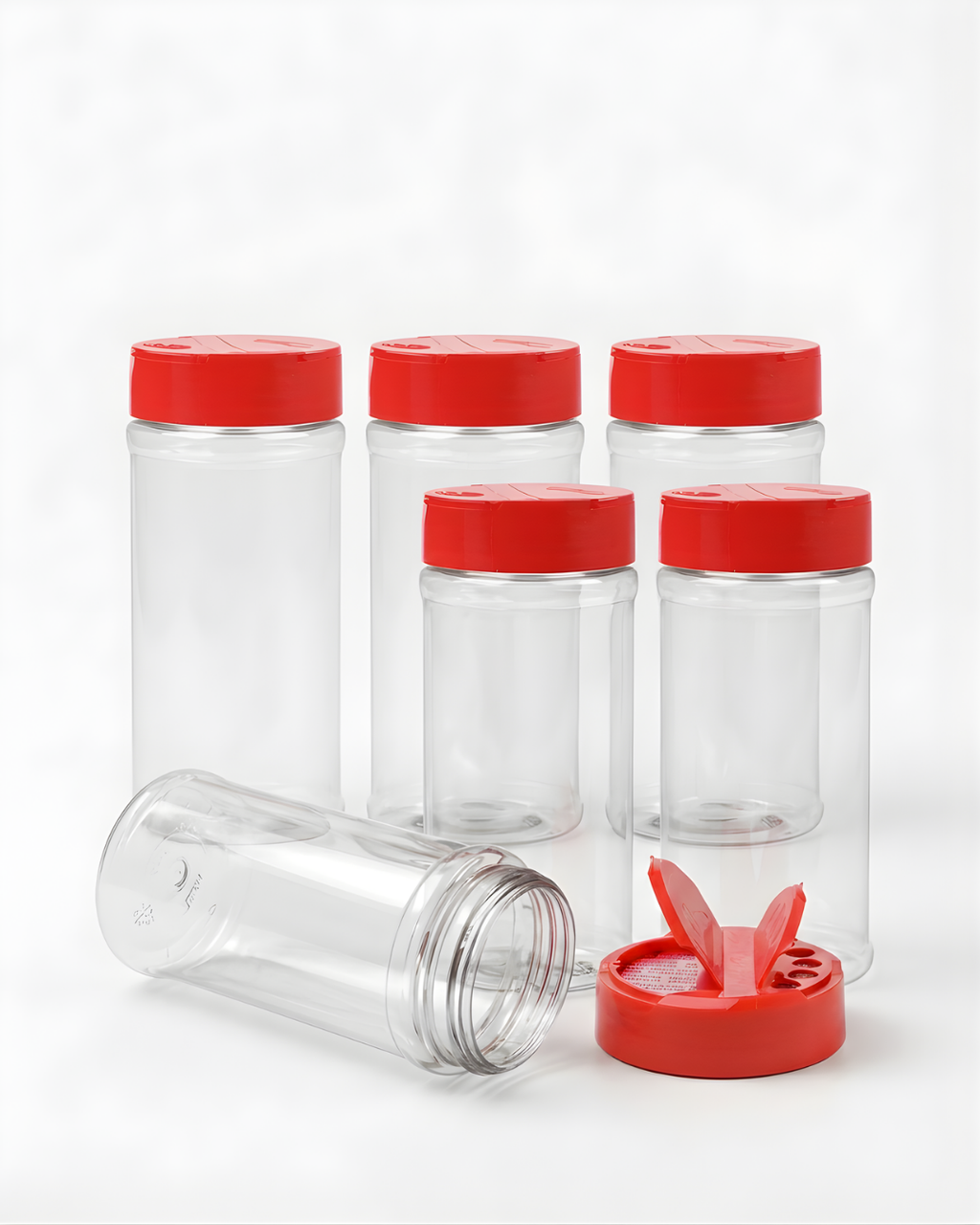 16oz Clear PET Round Spice Jars with Red Shaker lids
