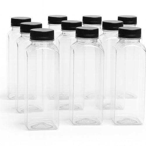 12 oz Clear PET Juice Bottles with Leakproof Attached Lids 6 pack