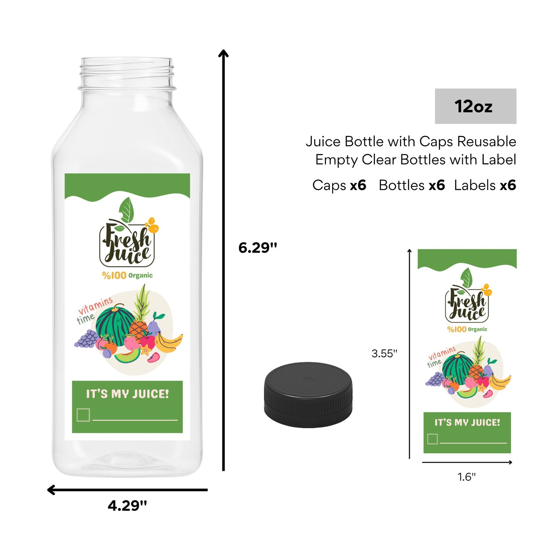 12 oz Clear PET Juice Bottles with Leakproof Attached Lids 6 pack